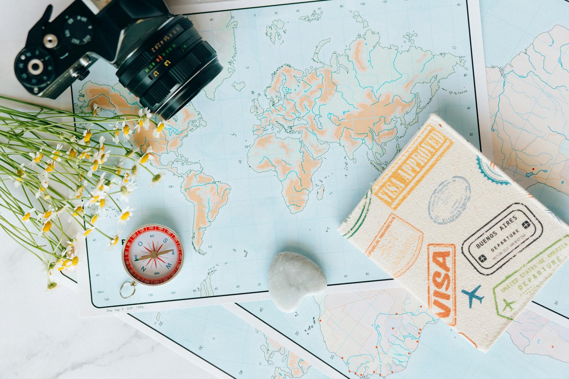 overhead shot of a camera and flowers near a map
